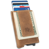Full grain leather auto pop-up wallet, strong magnetic clip with RFID blocking, UC Leather Logo - Brown
