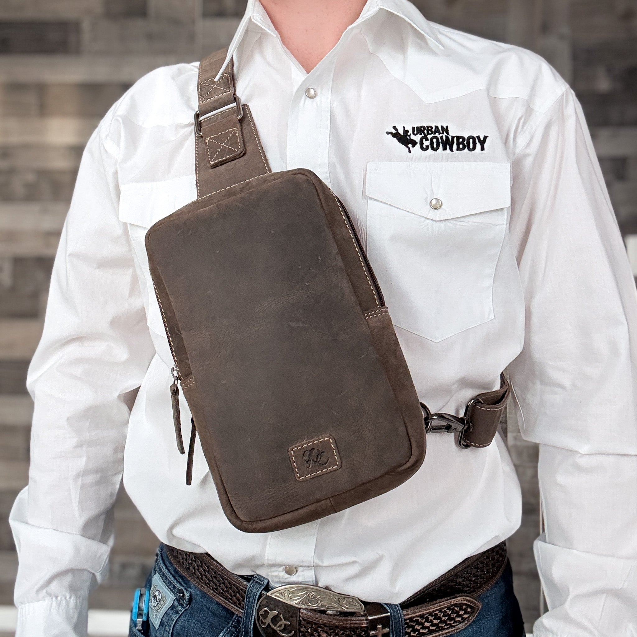 dark brown sling staged