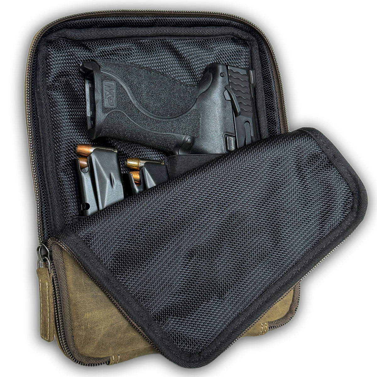 Olive pistol case with a Smith & Wesson M&P Shield pistol showing inside.