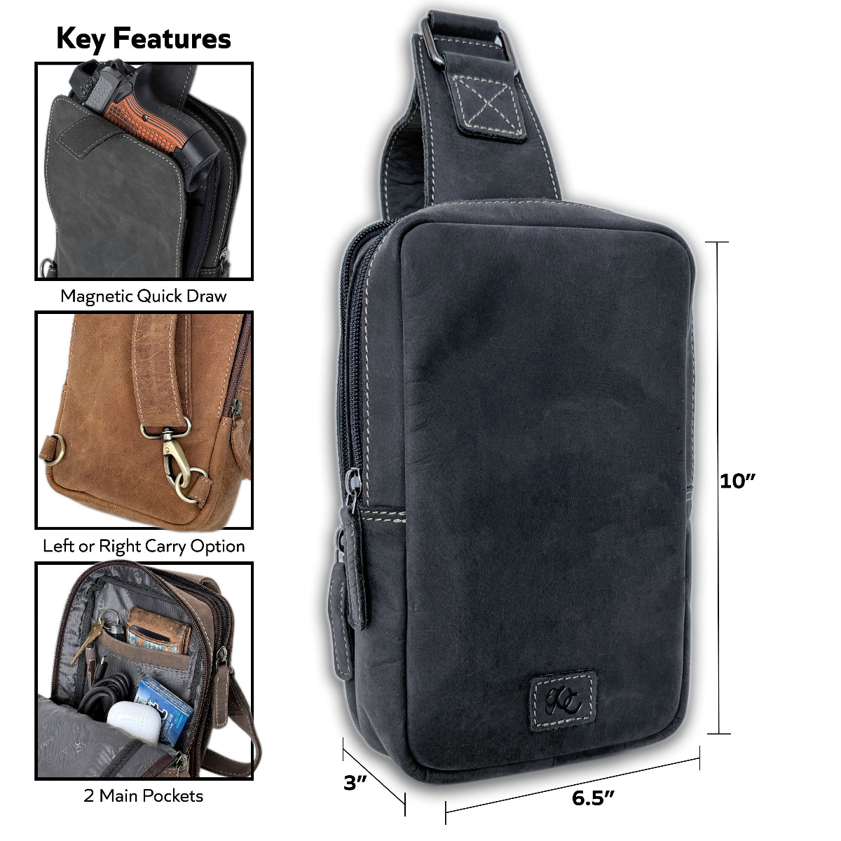 Compact black leather sling bag for travel, EDC, and concealed carry