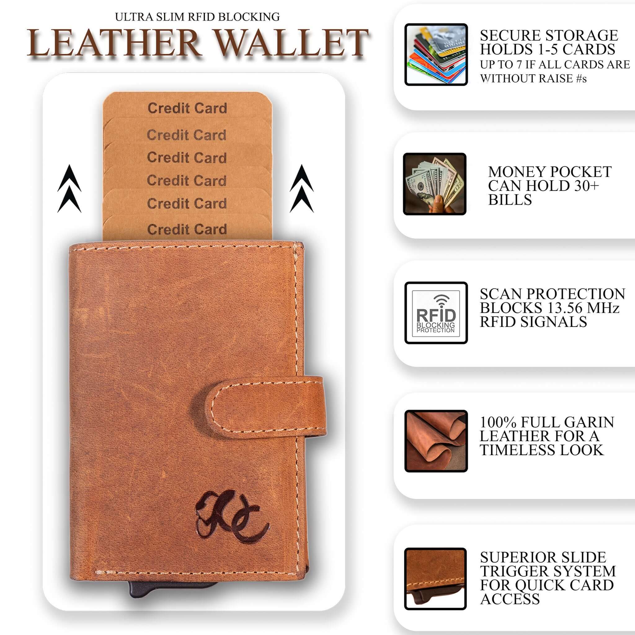 Slim leather wallet with pop-up card tray and bifold cash section-Brown
