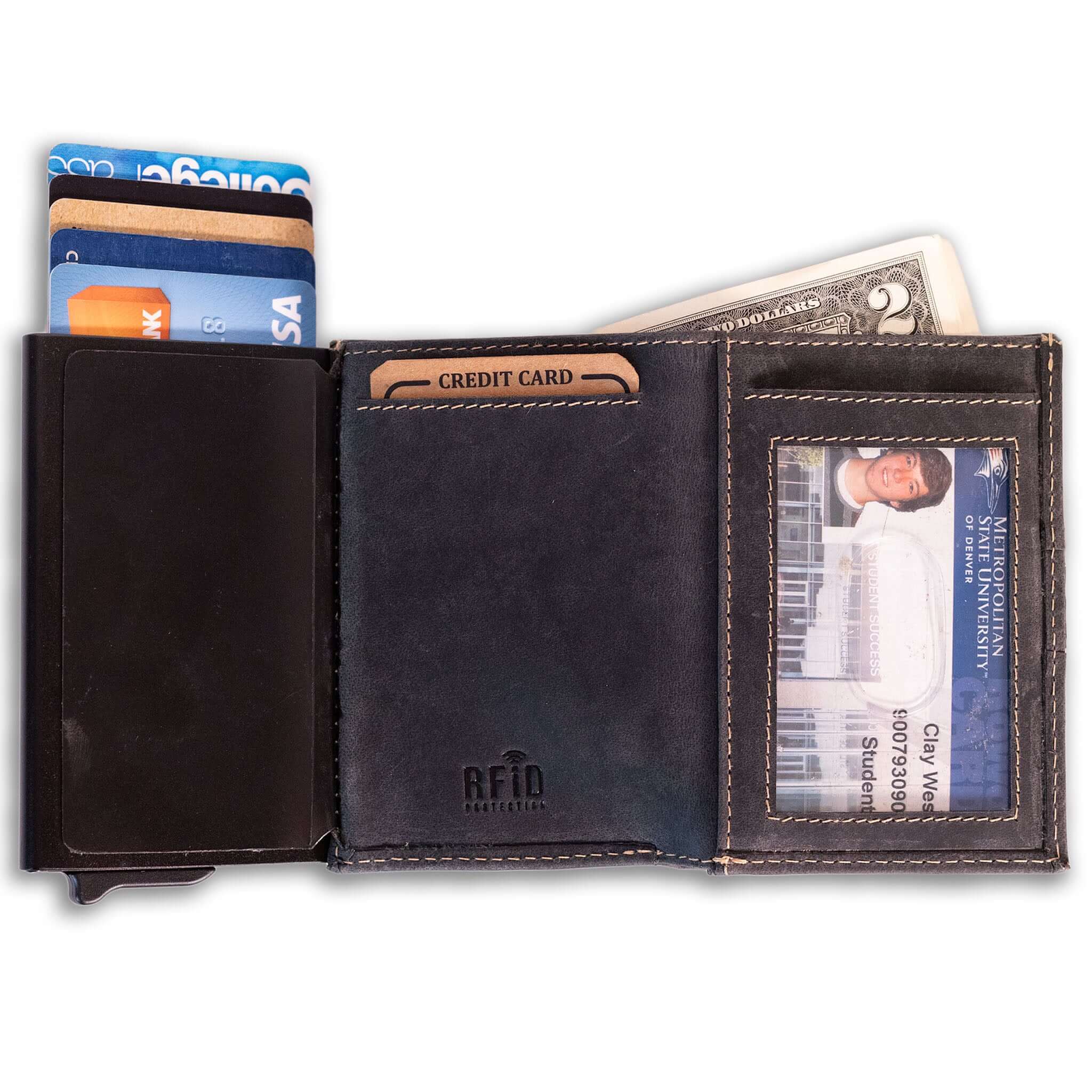 Interior of Slim leather wallet with pop-up card tray and bifold cash section-Black