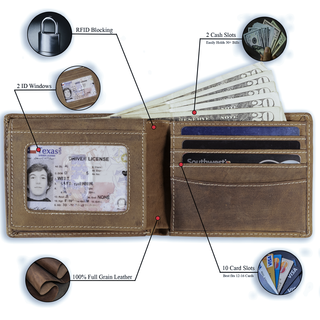 Full grain leather classic bifold wallet with RFID protection, multiple card slots, and durable rugged styling – bull stamp 