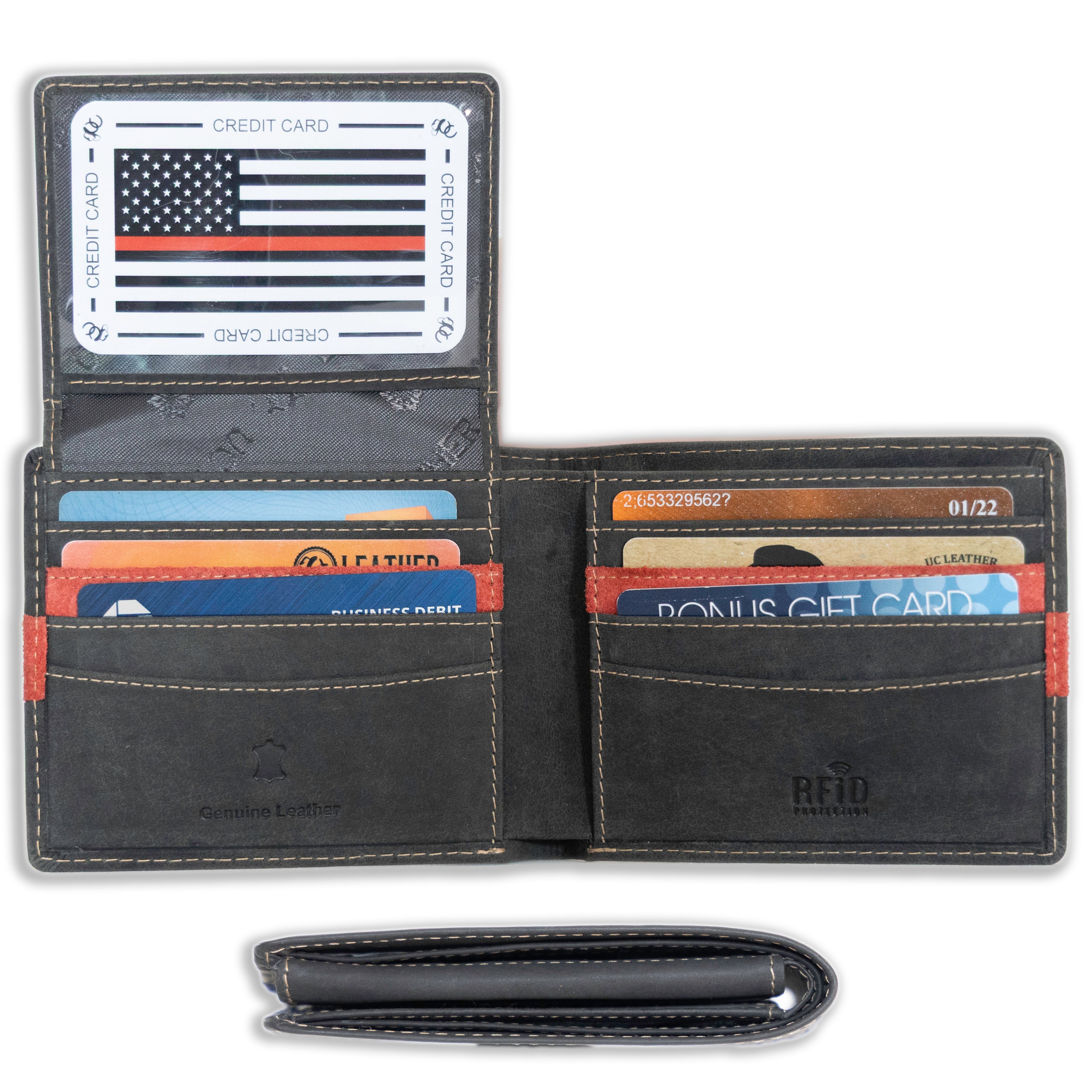 Full grain leather classic bifold wallet with RFID protection, multiple card slots, and durable rugged styling – redline