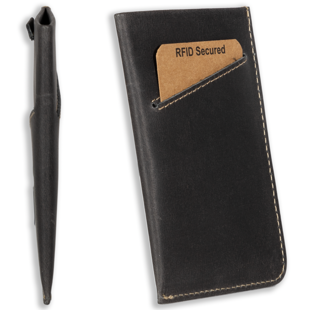 Slim leather card sleeve with RFID protection. Made from full grain leather with pull-tab access—holds 1–10 cards and built for minimalist daily carry-Black-back view