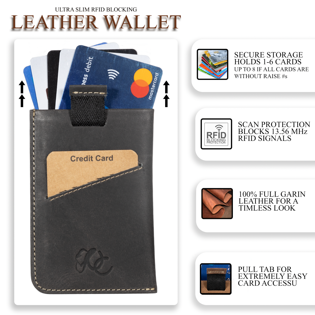 Slim leather card sleeve with RFID protection. Made from full grain leather with pull-tab access—holds 1–10 cards and built for minimalist daily carry-Black-details