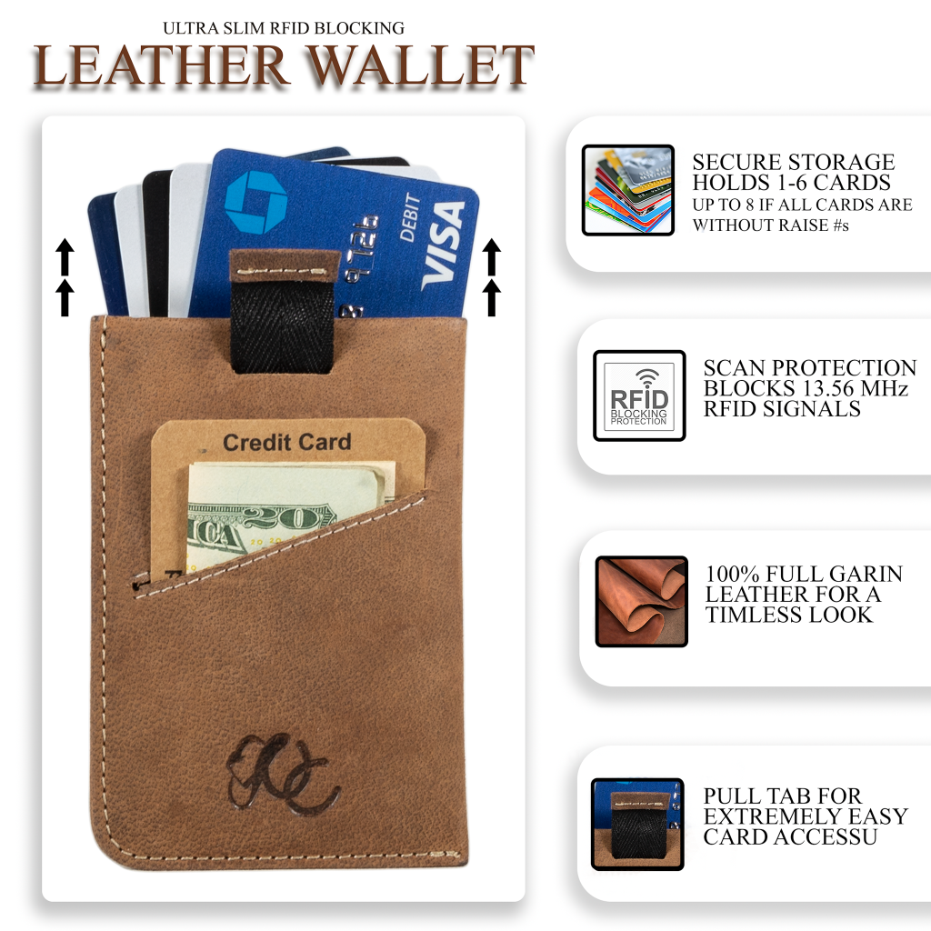 Slim leather card sleeve with RFID protection. Made from full grain leather with pull-tab access—holds 1–10 cards and built for minimalist daily carry-Brown