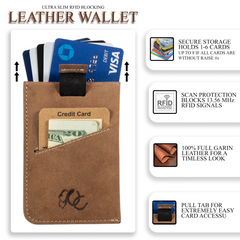 Slim leather card sleeve with RFID protection. Made from full grain leather with pull-tab access—holds 1–10 cards and built for minimalist daily carry-Brown
