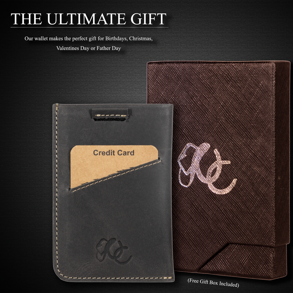 Slim leather card sleeve with RFID protection. Made from full grain leather with pull-tab access—holds 1–10 cards and built for minimalist daily carry-Black-gift box