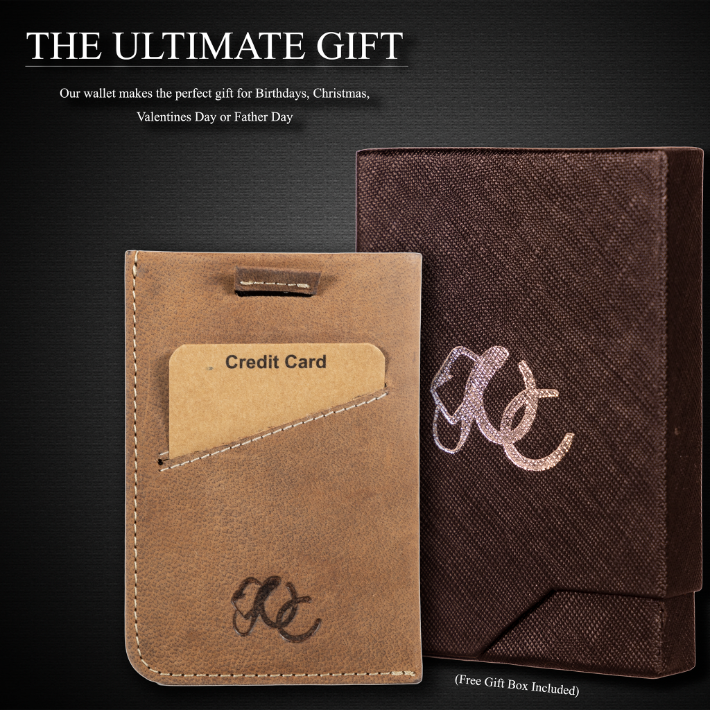Slim leather card sleeve with RFID protection. Made from full grain leather with pull-tab access—holds 1–10 cards and built for minimalist daily carry-Brown-gift box