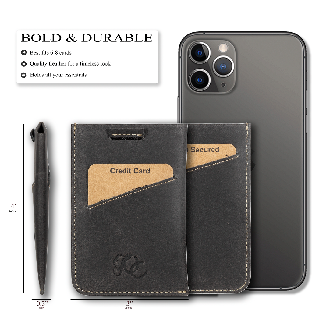 Slim leather card sleeve with RFID protection. Made from full grain leather with pull-tab access—holds 1–10 cards and built for minimalist daily carry-Black-size comparison
