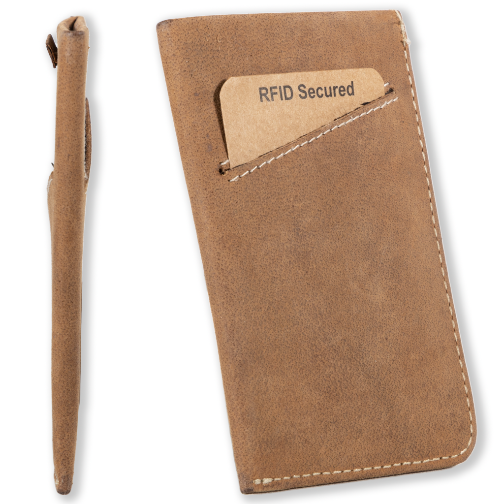 Slim leather card sleeve with RFID protection. Made from full grain leather with pull-tab access—holds 1–10 cards and built for minimalist daily carry-Brown-back view