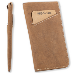 Slim leather card sleeve with RFID protection. Made from full grain leather with pull-tab access—holds 1–10 cards and built for minimalist daily carry-Brown-back view