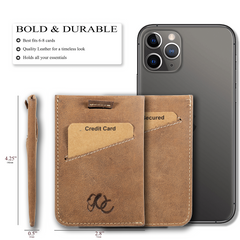 Slim leather card sleeve with RFID protection. Made from full grain leather with pull-tab access—holds 1–10 cards and built for minimalist daily carry-Brown-size comparison