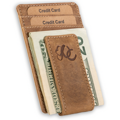 Slim front pocket wallet with full grain leather, RFID protection, magnetic cash clip, card slots, and rugged stitching-Brown