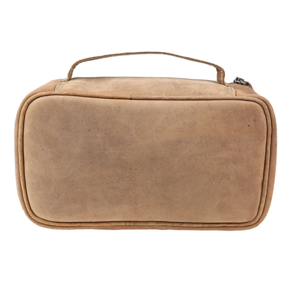 Full grain leather dopp kit with back view and handle for pistols or toiletries