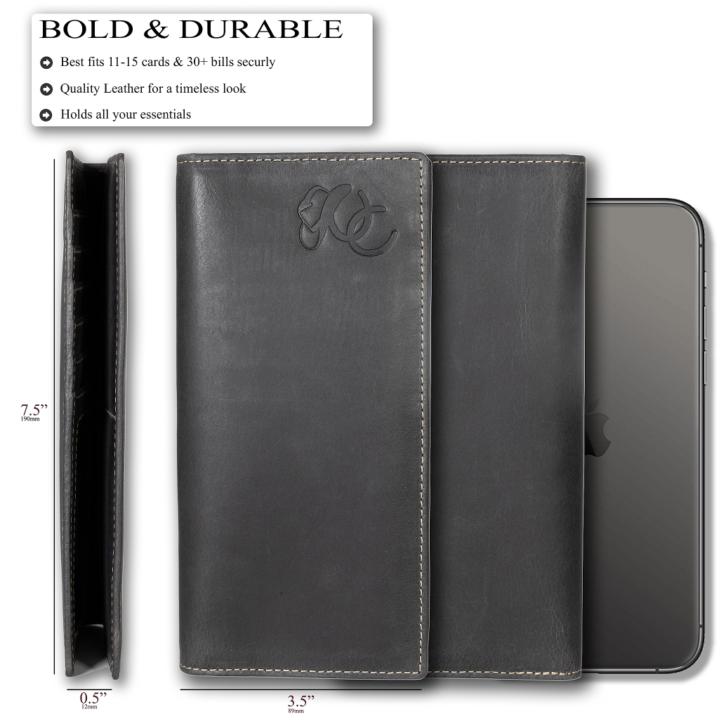 Leather rodeo wallet with tall design, full grain leather, RFID protection, multiple slots for cards, cash, and checkbook-Black -size and details