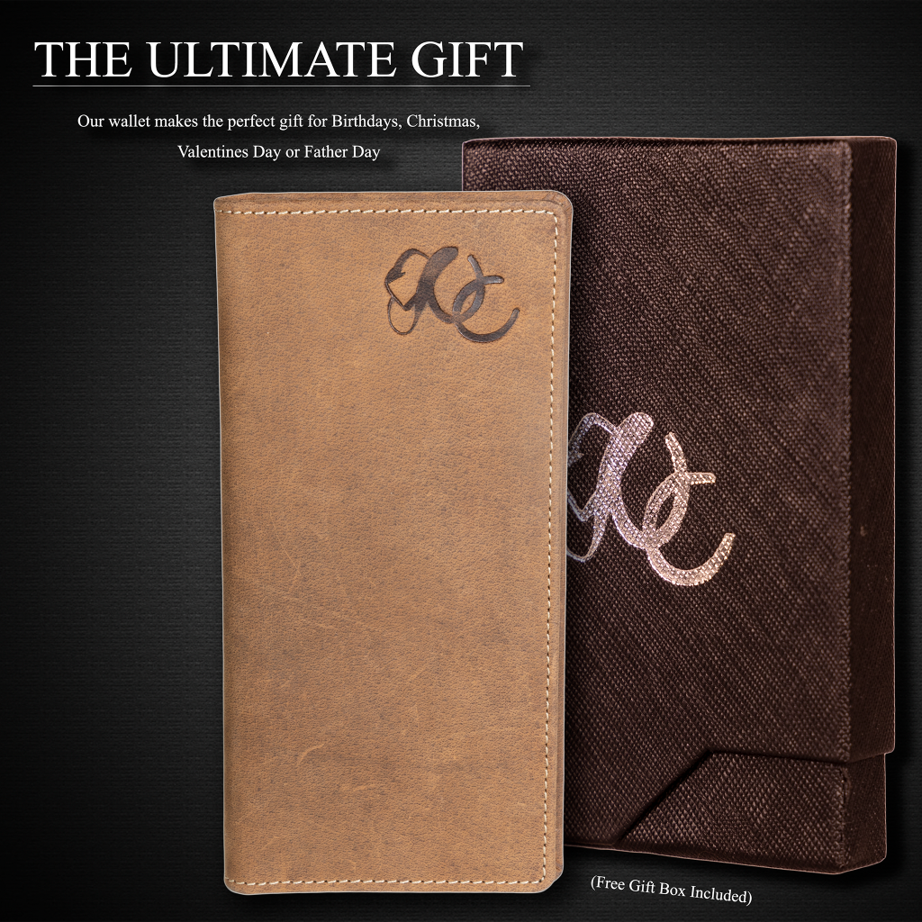 Leather rodeo wallet with tall design, full grain leather, RFID protection, multiple slots for cards, cash, and checkbook-Brown- Gift Box