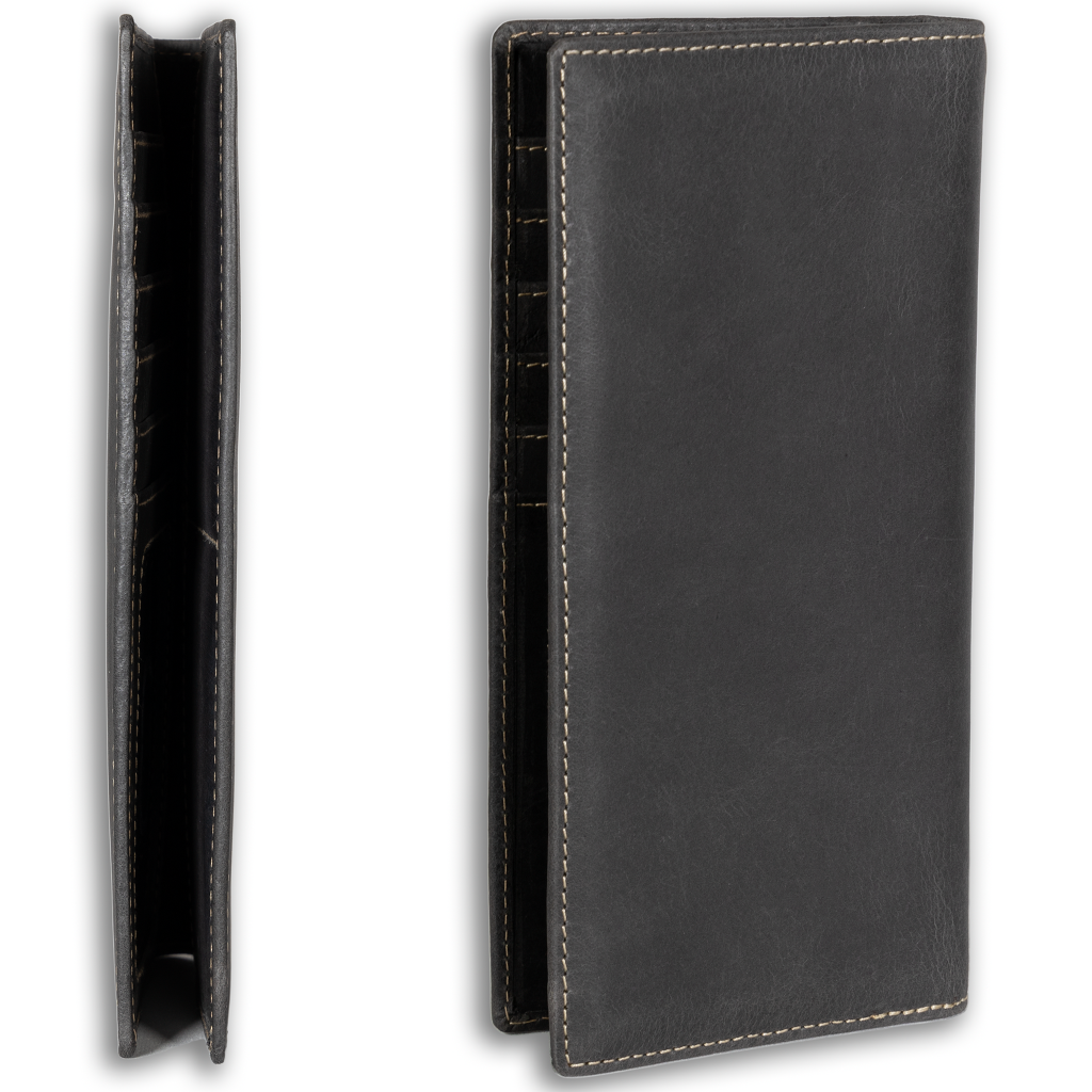 Leather rodeo wallet with tall design, full grain leather, RFID protection, multiple slots for cards, cash, and checkbook-Black-back side tall