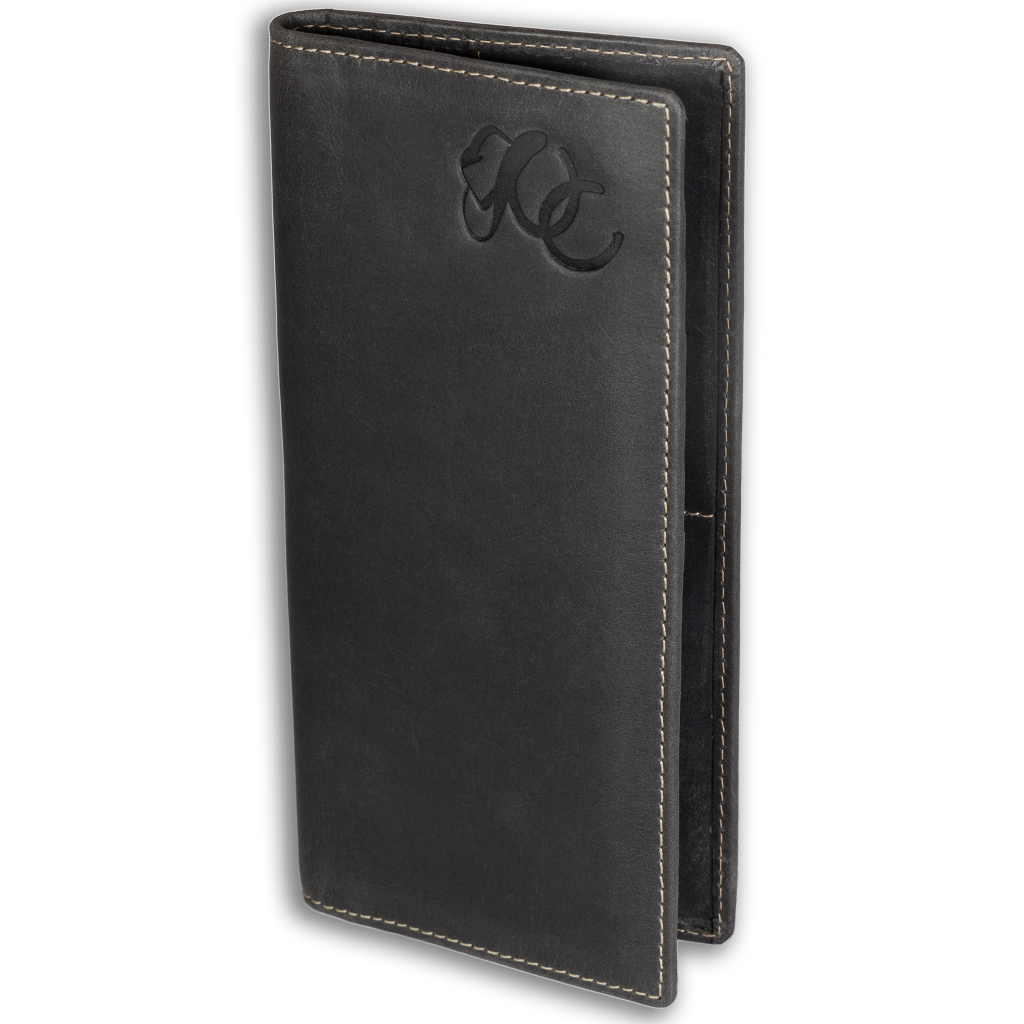 Leather rodeo wallet with tall design, full grain leather, RFID protection, multiple slots for cards, cash, and checkbook-Black-tall with UC Logo